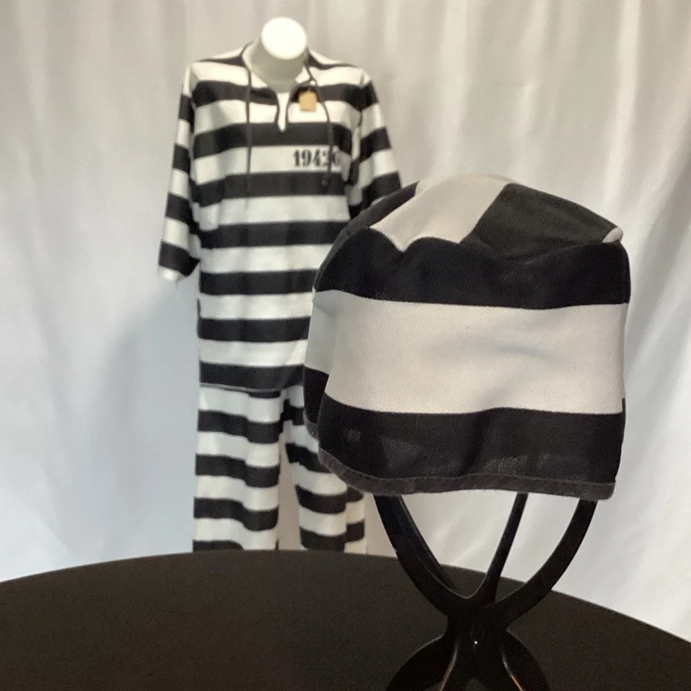 1809. Kids Inmate Costume Set Black & White Striped 3pc Set Large